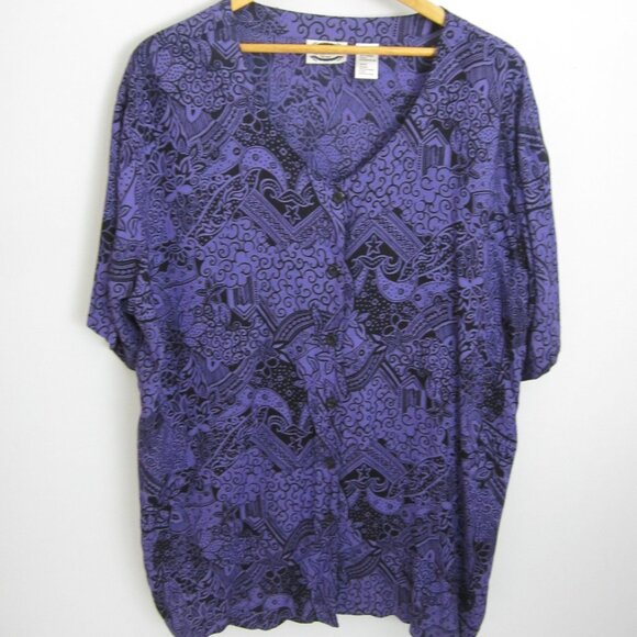 Vtg Separate Issue Woman Plus 24W Purple Black Floral SS Rayon Shirt V Neck 54" - Picture 1 of 9